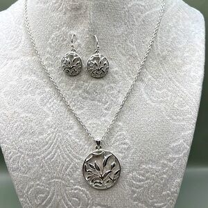 SHA Silver Tone Necklace Pendant with Matching Earrings Silver tone Bright